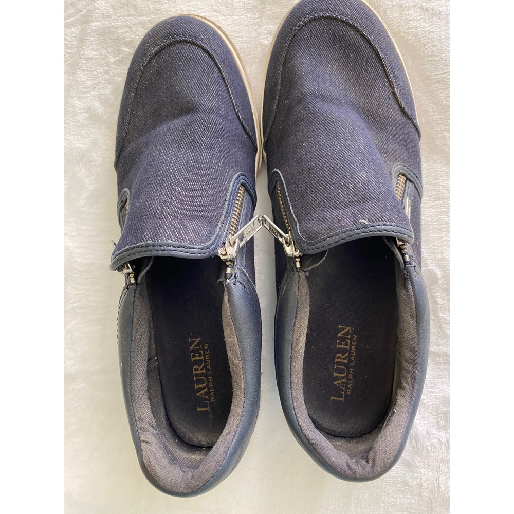 Lauren Ralph Lauren Jeorgia Navy Denim Leather Zip Slip On Sneakers Shoes 9B